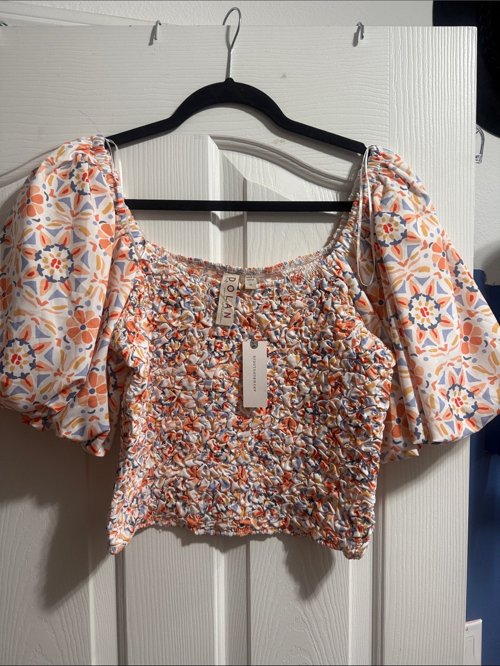 Anthropologie Dolan Orange Floral Smocked Puff-Sleeve Crop Top